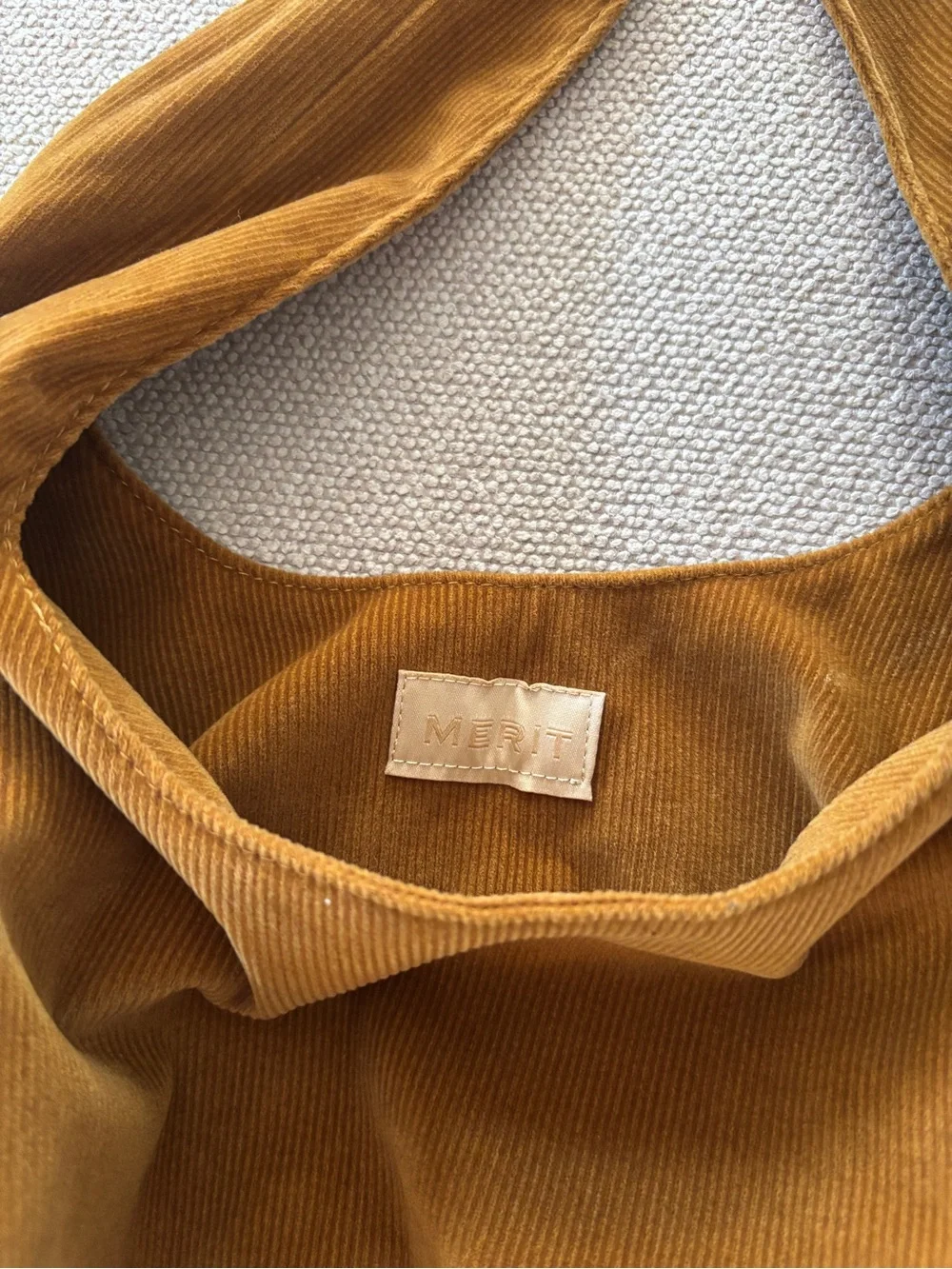 Merit Beauty The Signature Bag Purse Tan/ gold Corduroy Small Tie